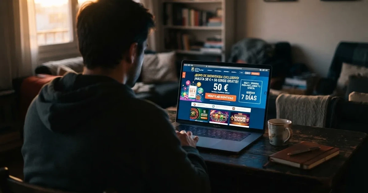 Un jugador sentado frente a la pantalla de un ordenador consultando la sección de promociones de un casino online español, con el importe de 50 euros visible en la oferta de bono sin depósito