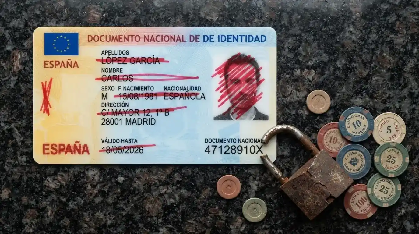 Un documento de identidad tachado junto a un candado roto y monedas de criptomonedas esparcidas