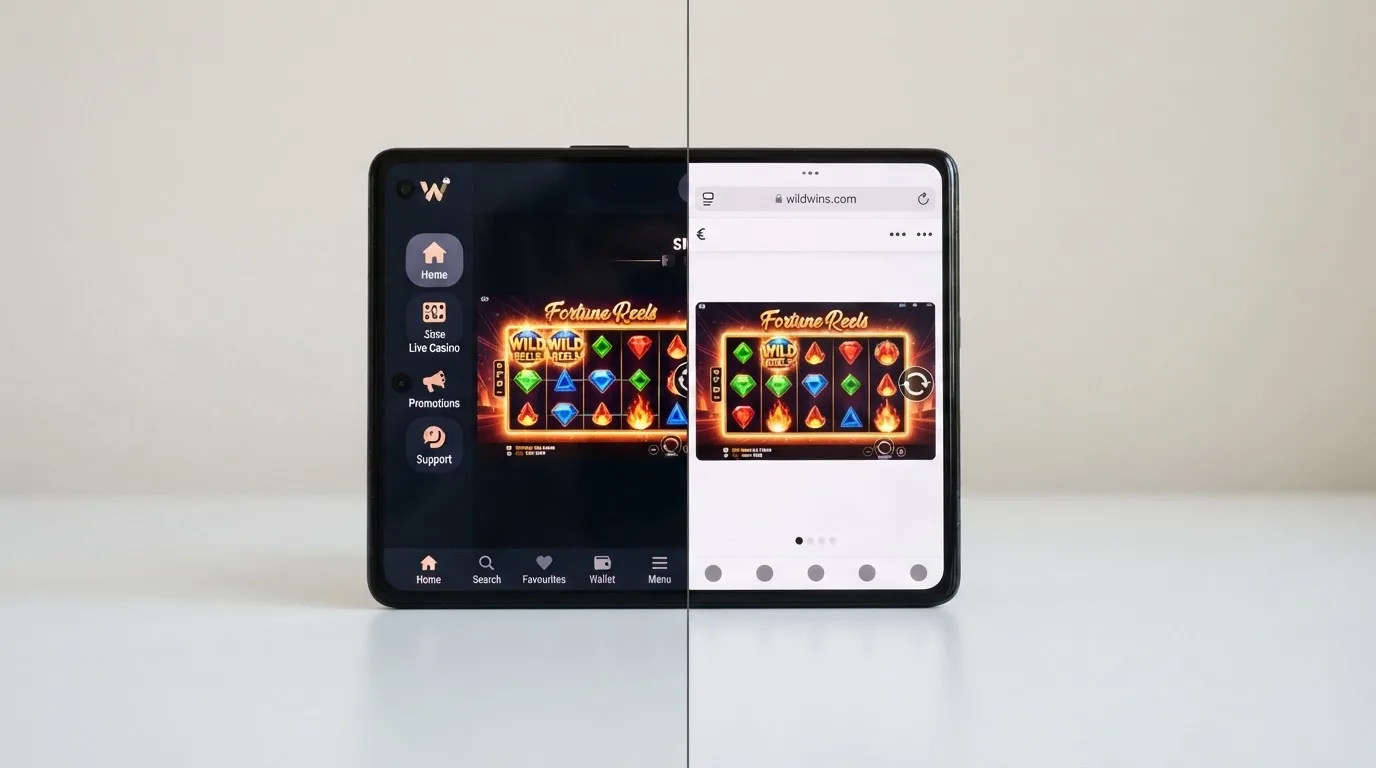 Un mismo teléfono partido en dos mitades: a la izquierda, una app de casino abierta; a la derecha, el mismo casino funcionando en el navegador móvil