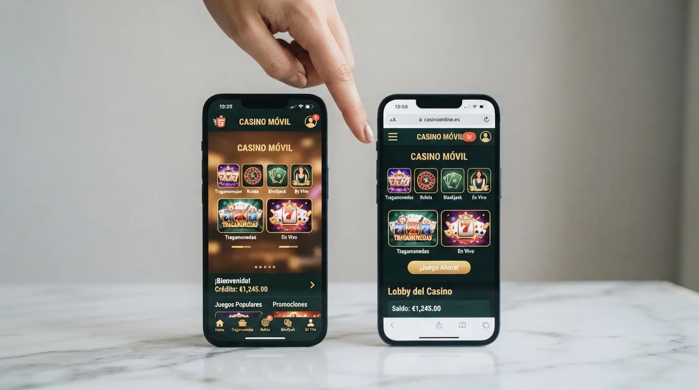 Dos teléfonos móviles, uno con la app de casino instalada y otro con el casino abierto en el navegador Chrome