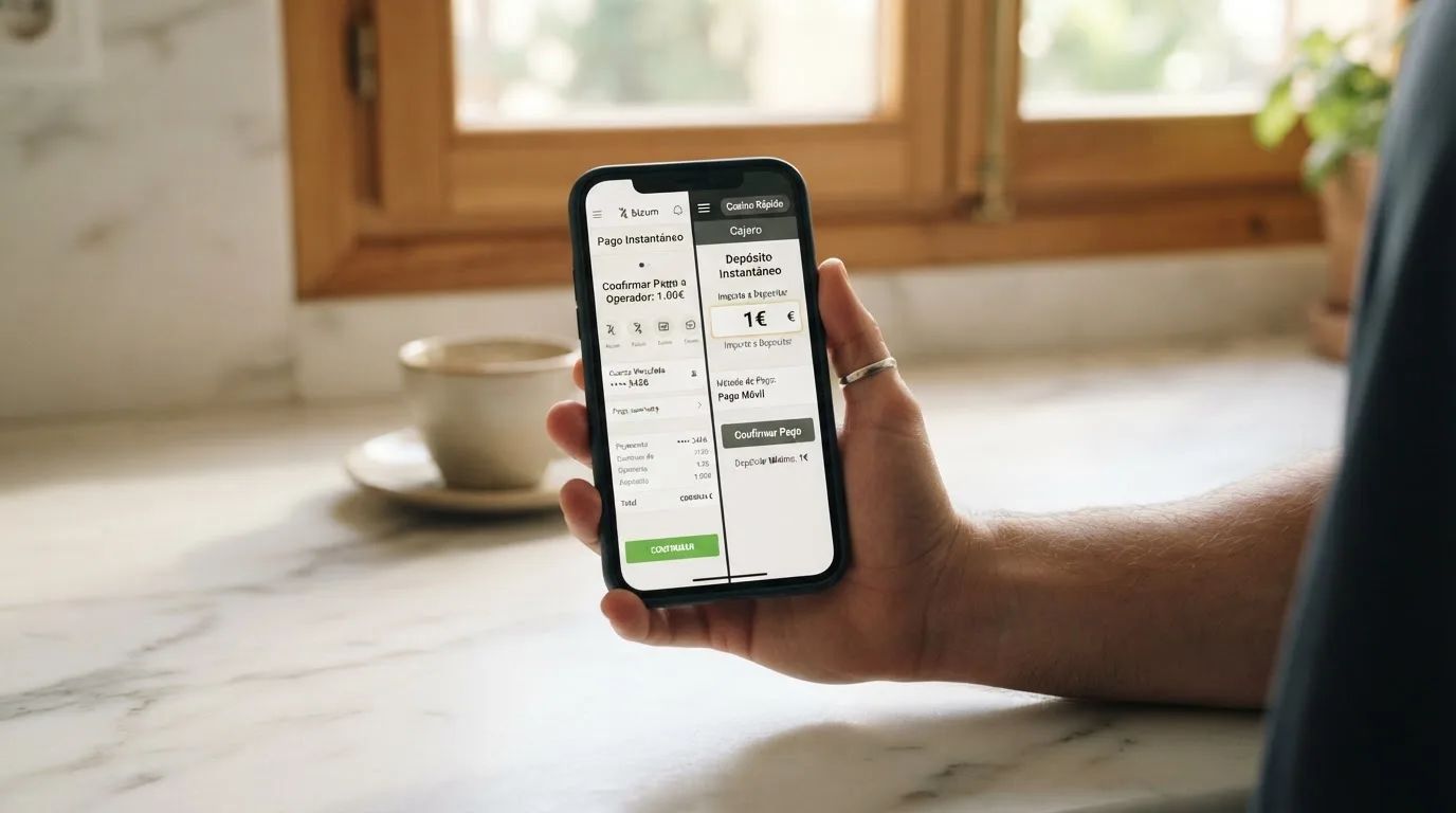 Pantalla de un teléfono mostrando la app de Bizum junto a la interfaz de depósito de un casino online con el importe de 1€ seleccionado