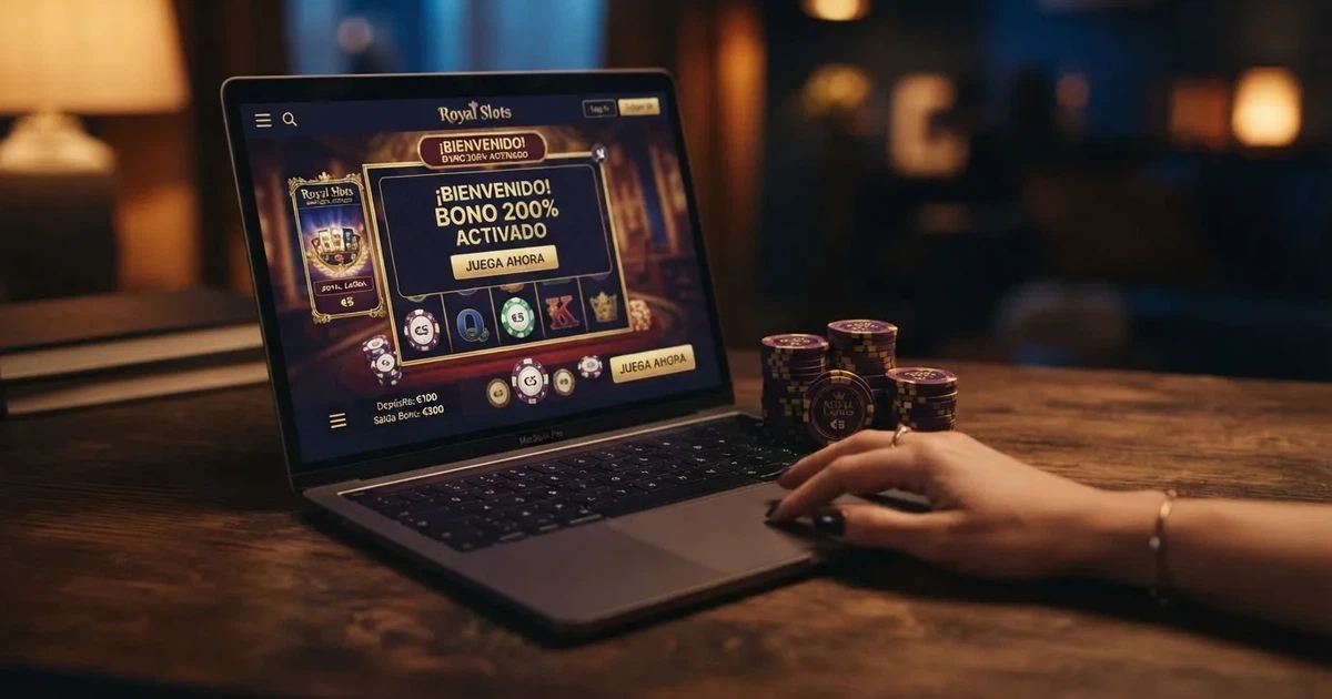 Interfaz de un casino online con licencia DGOJ mostrando una oferta de bono de bienvenida del 200% sobre el primer depósito