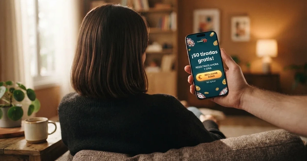 Un jugador consulta en un móvil la pantalla de registro de un casino online español con una notificación de tiradas gratis sin depósito visibles en la interfaz