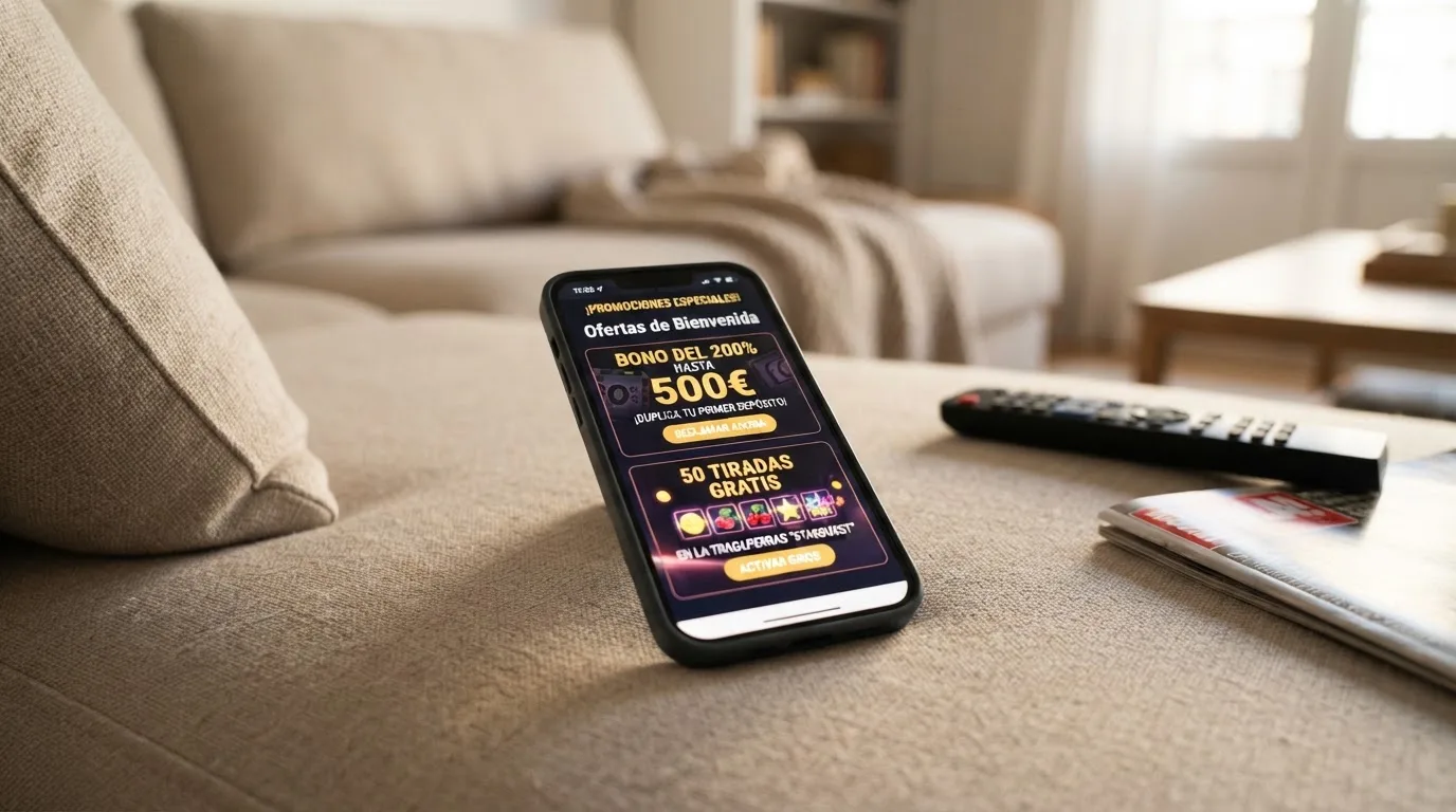 Pantalla de móvil mostrando la sección de promociones de un casino online con bonos de bienvenida y tiradas gratis