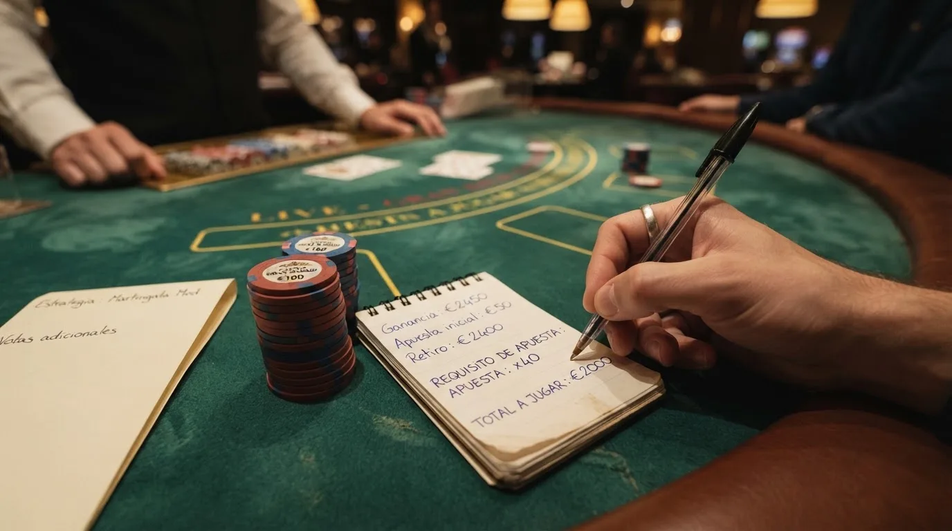 Una calculadora y billetes de euro sobre una mesa de juego, junto a una pantalla donde se leen «requisito de apuesta: x40»
