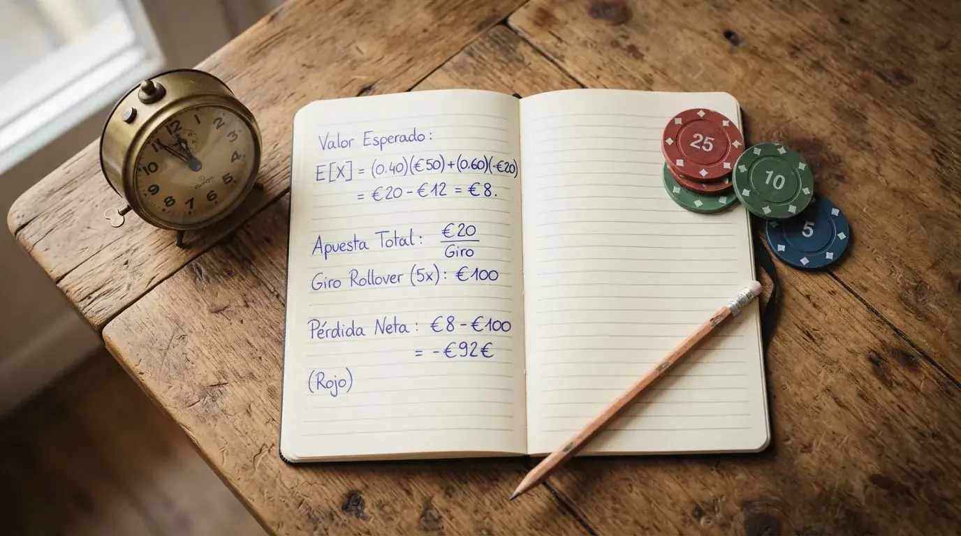 Una hoja de papel con la fórmula del valor esperado escrita a mano junto a fichas de casino y un reloj que marca una cuenta atrás