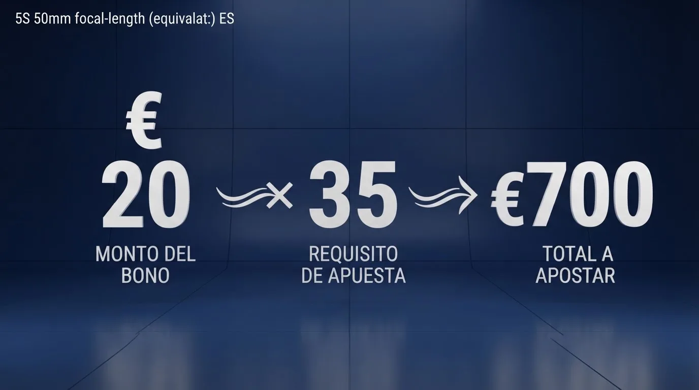 Esquema visual del cálculo de un rollover: importe del bono sin depósito, multiplicador de apuesta exigido y resultado en euros que deben apostarse antes de retirar