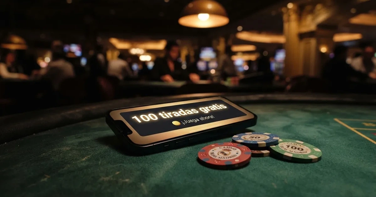 Pantalla de un móvil mostrando una notificación de 100 tiradas gratis junto a fichas de casino sobre una mesa de juego