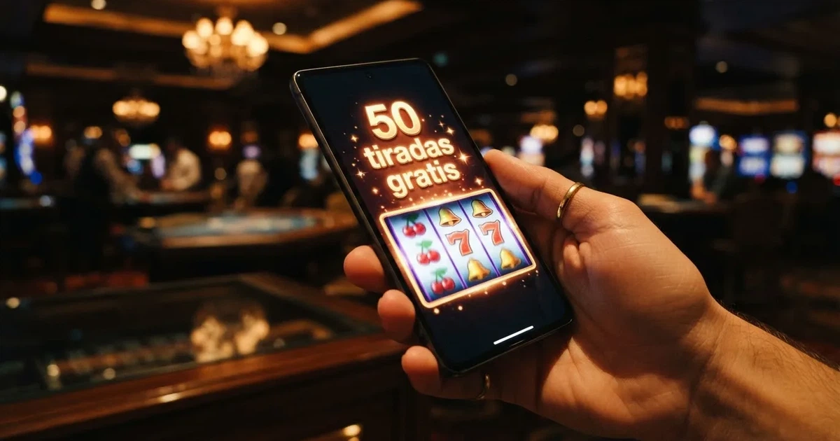 Mano sosteniendo un móvil con la pantalla mostrando una tragaperra de casino y el texto «50 tiradas gratis» en español, sobre un fondo de casino online con colores oscuros y detalles dorados