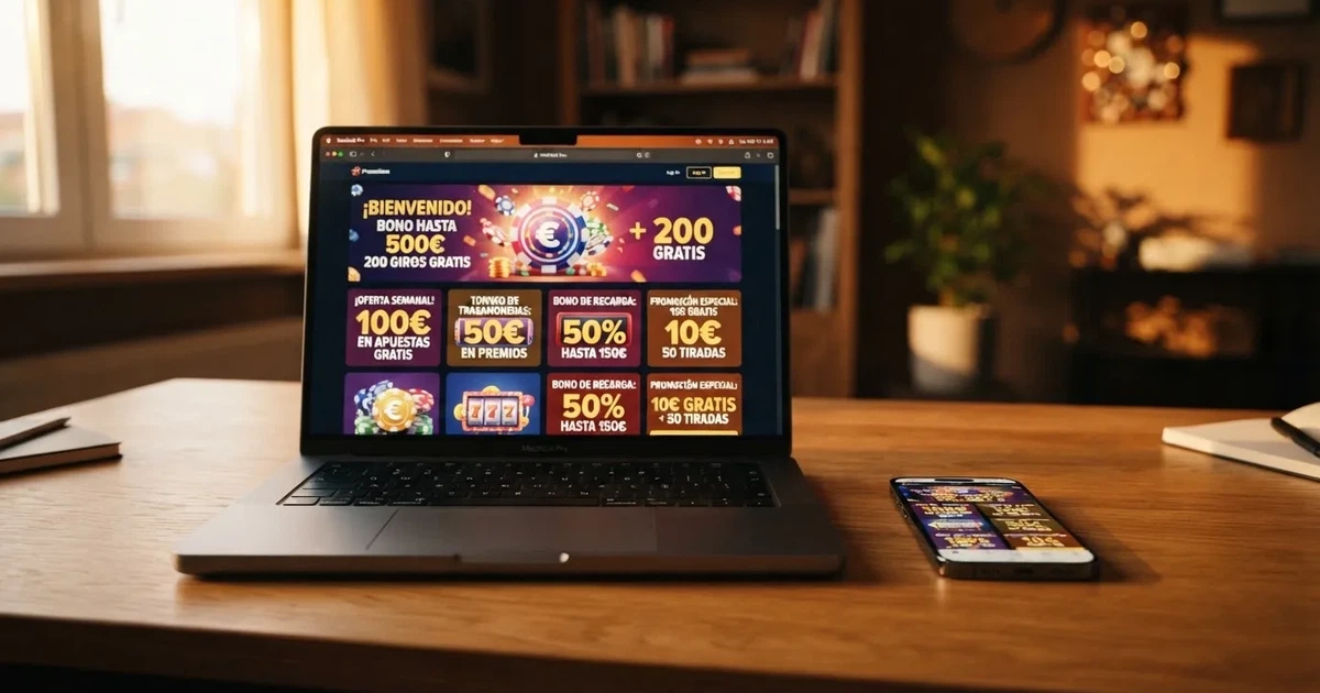 Pantalla de un casino online con licencia DGOJ mostrando su sección de promociones y ofertas de bienvenida junto a un dispositivo móvil