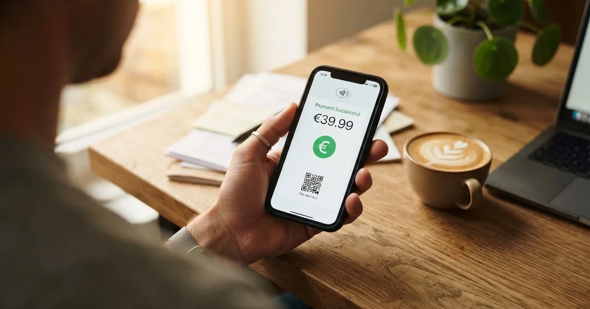 Un teléfono móvil mostrando la pantalla de pago de la app CaixaBank Pay con el logo de la aplicación y un código QR visible junto a un icono de NFC activado