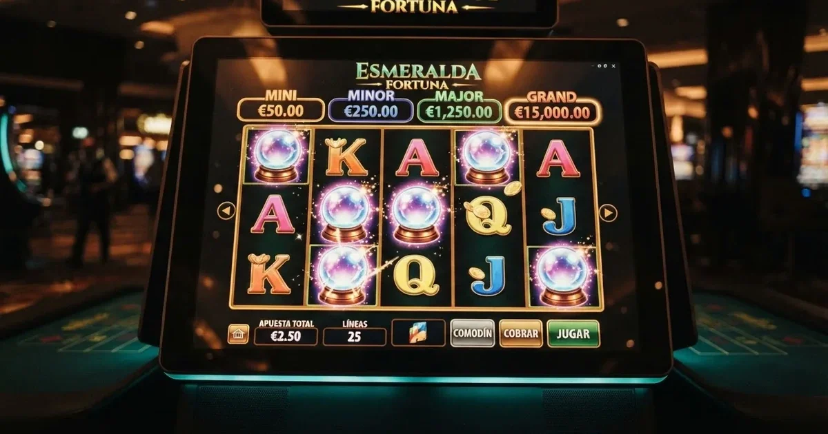 Interfaz de una tragaperras Fire Blaze con los símbolos de bola de cristal y los cuatro botes Mini, Minor, Major y Grand en pantalla