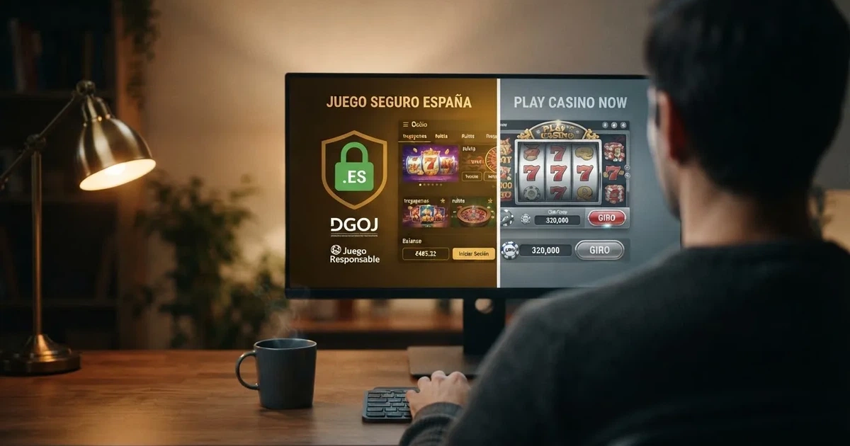 Un jugador frente a una pantalla dividida: a un lado el candado verde de un dominio .es, al otro una interfaz sin distintivo de licencia visible