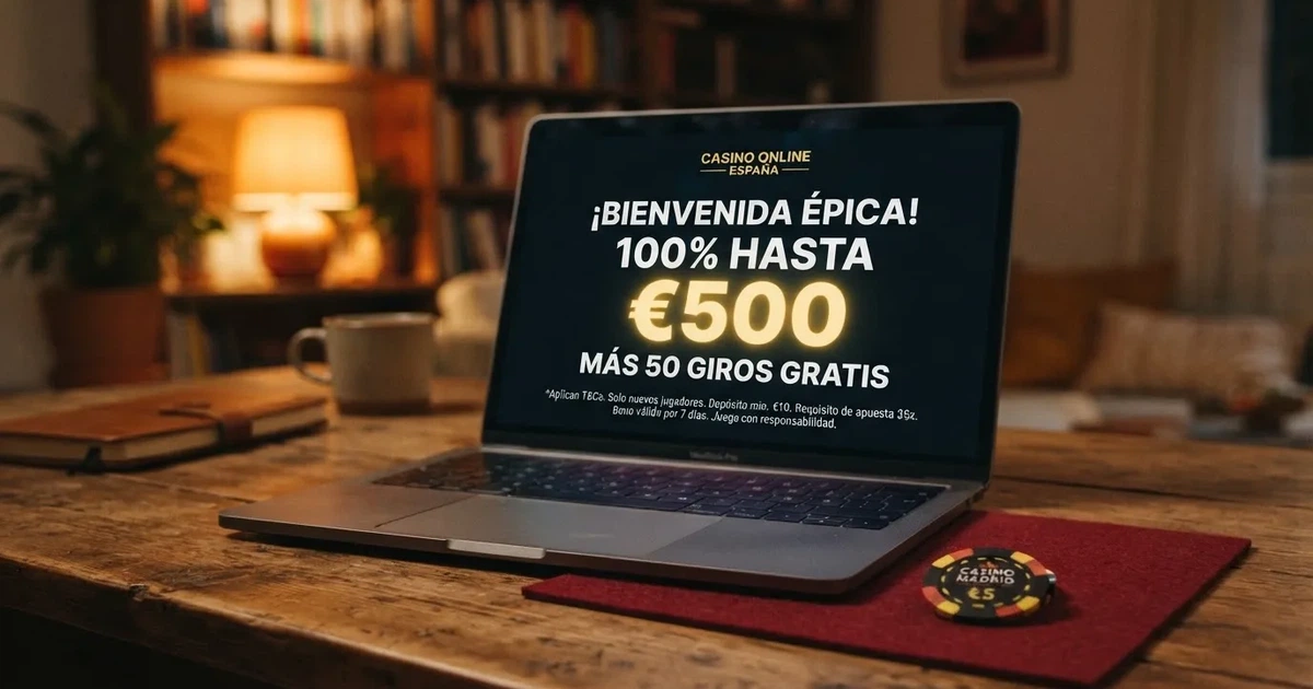 Pantalla de un casino online español mostrando una oferta de bienvenida con el importe del bono destacado y las condiciones en letra pequeña debajo