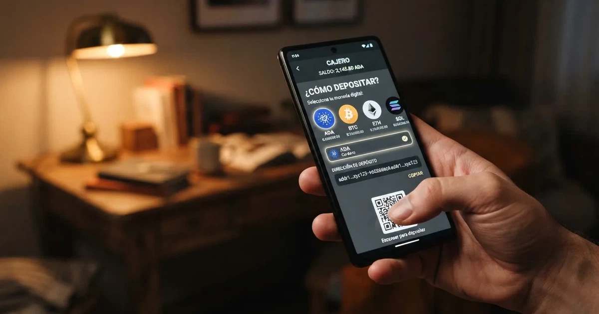 Interfaz de un casino online que muestra la opción de depósito con Cardano (ADA) junto a otras criptomonedas en la sección de cajero