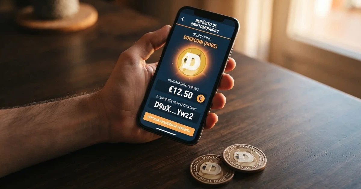 Un teléfono móvil mostrando la pantalla de depósito de un casino online con el logotipo de Dogecoin y una dirección de wallet que empieza por D, junto a monedas físicas de Dogecoin sobre una mesa