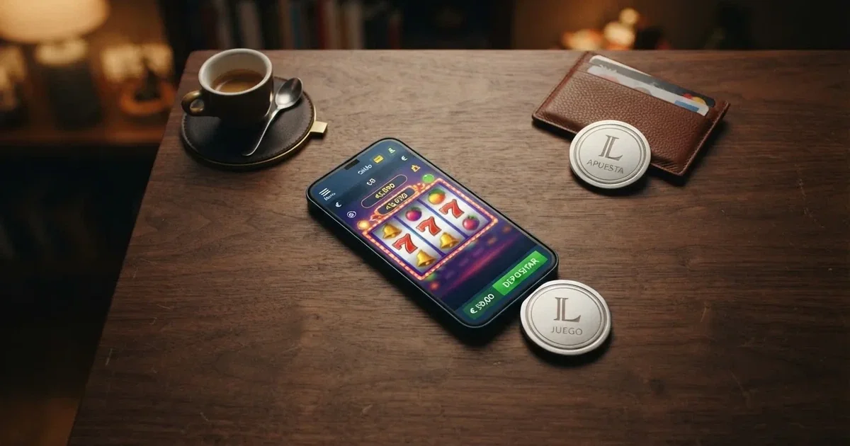 Cartera digital con monedas de Litecoin frente a una pantalla que muestra una interfaz de casino online en español