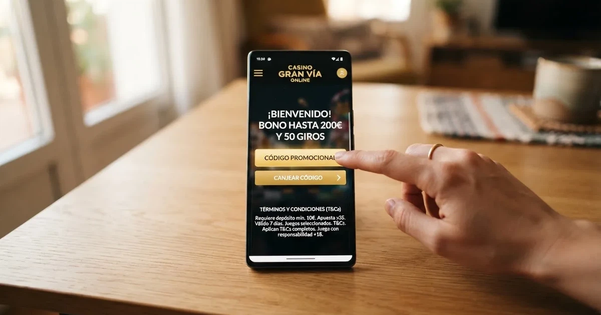 Interfaz de un casino online español en un teléfono móvil mostrando un campo de canje de código promocional junto a los términos del bono de bienvenida