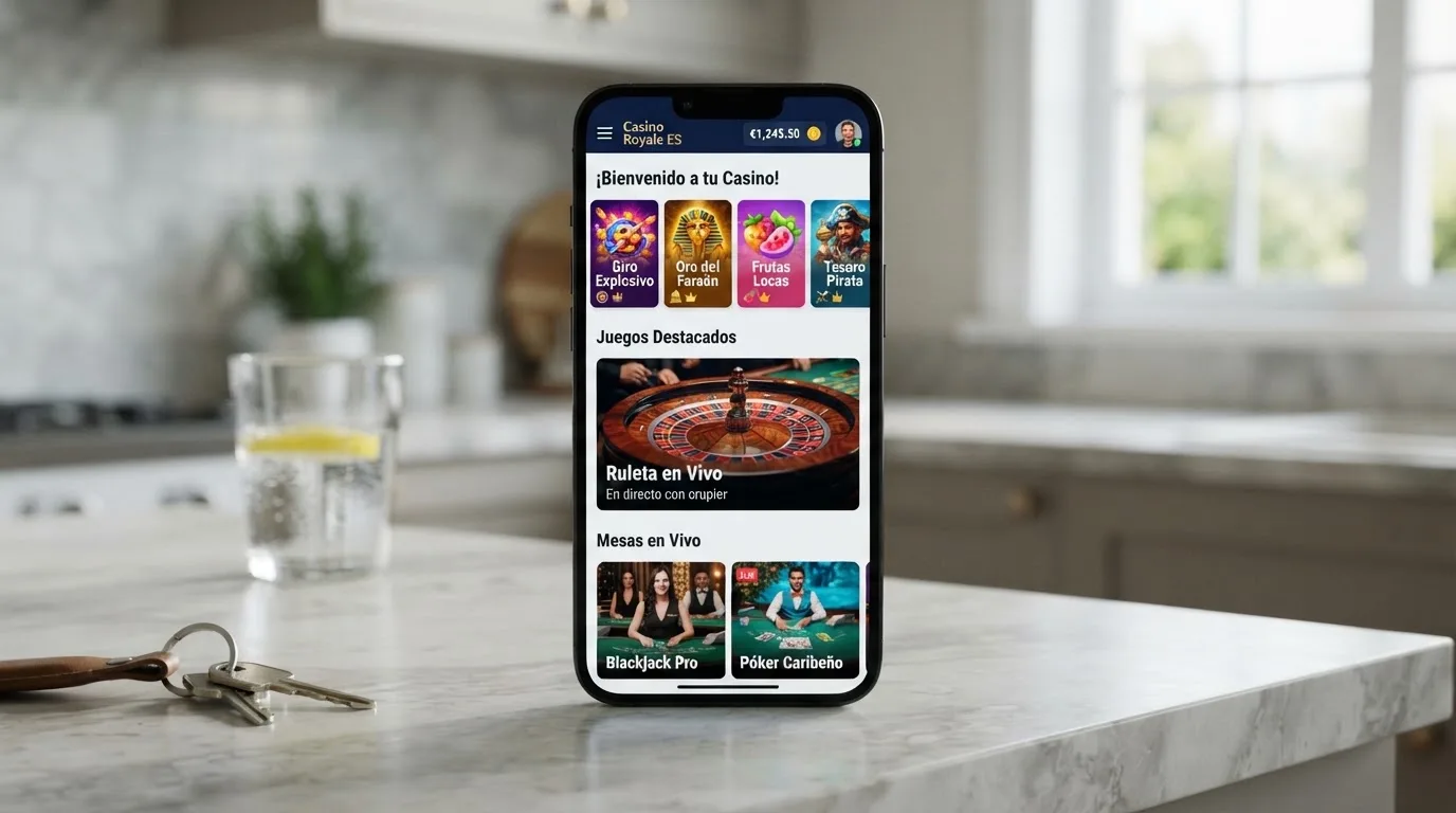 Teléfono móvil mostrando el lobby de un casino online con acceso a tragaperras, ruleta y casino en vivo