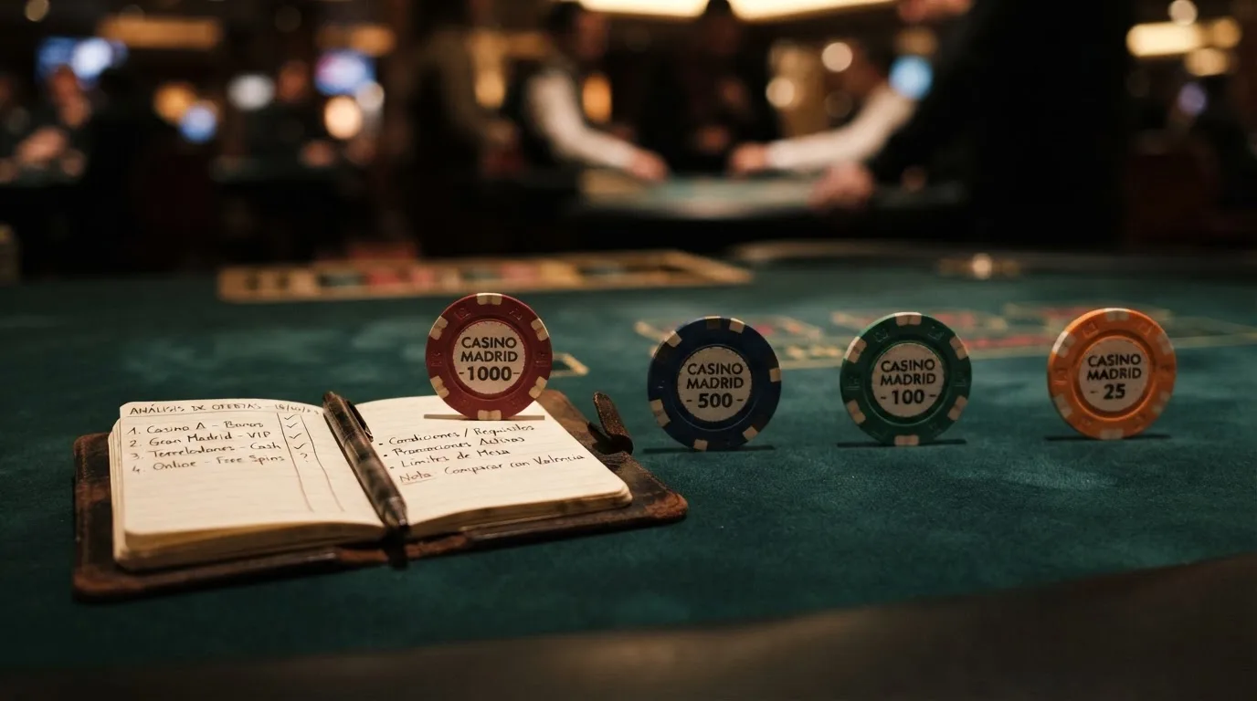 Una tabla comparativa con fichas de casino mostrando rollover, plazos y topes de ganancia para distintas ofertas sin depósito