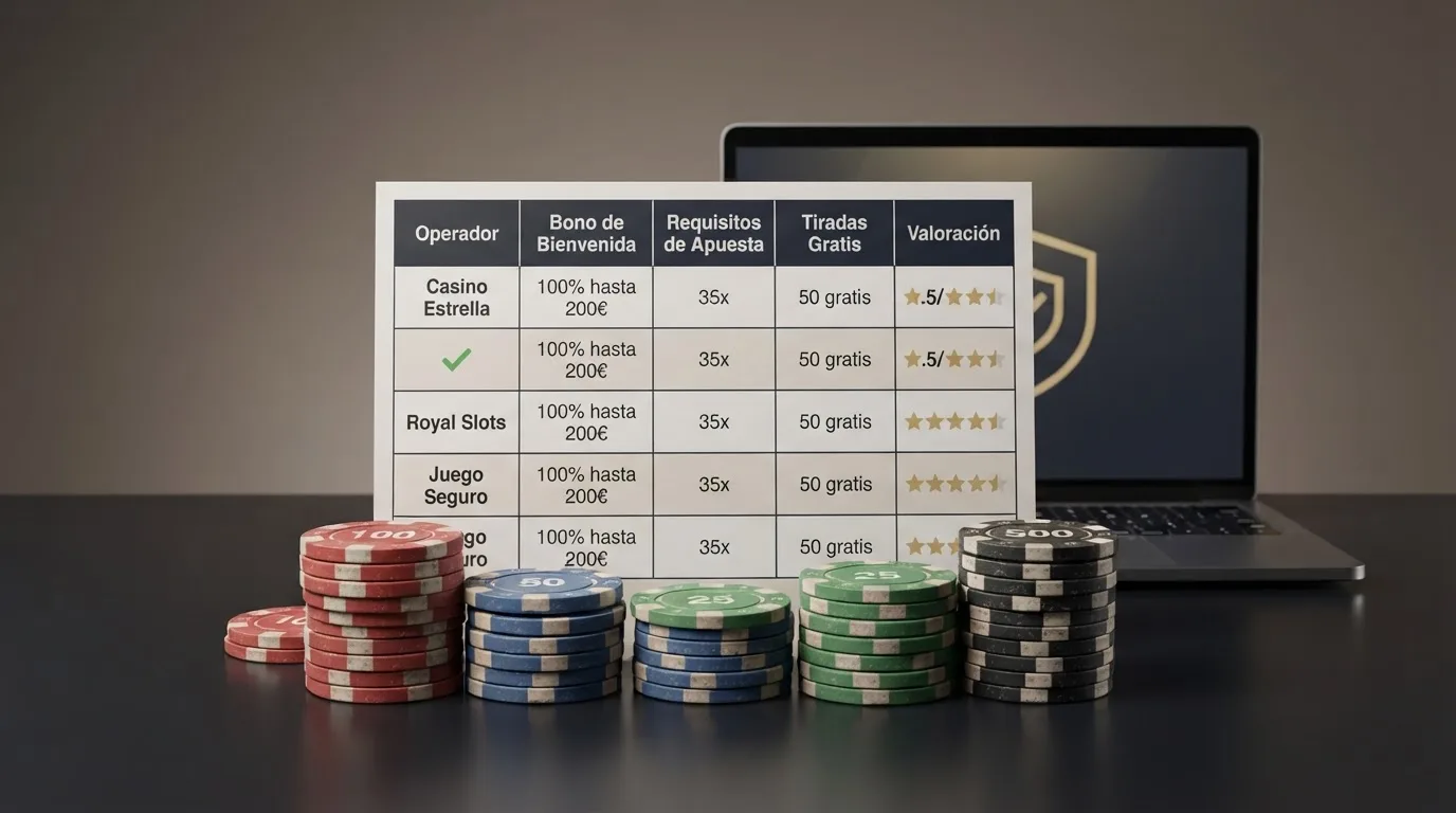 Una tabla comparativa de condiciones de bono sobre un fondo de fichas de casino y una pantalla con el logo de la DGOJ