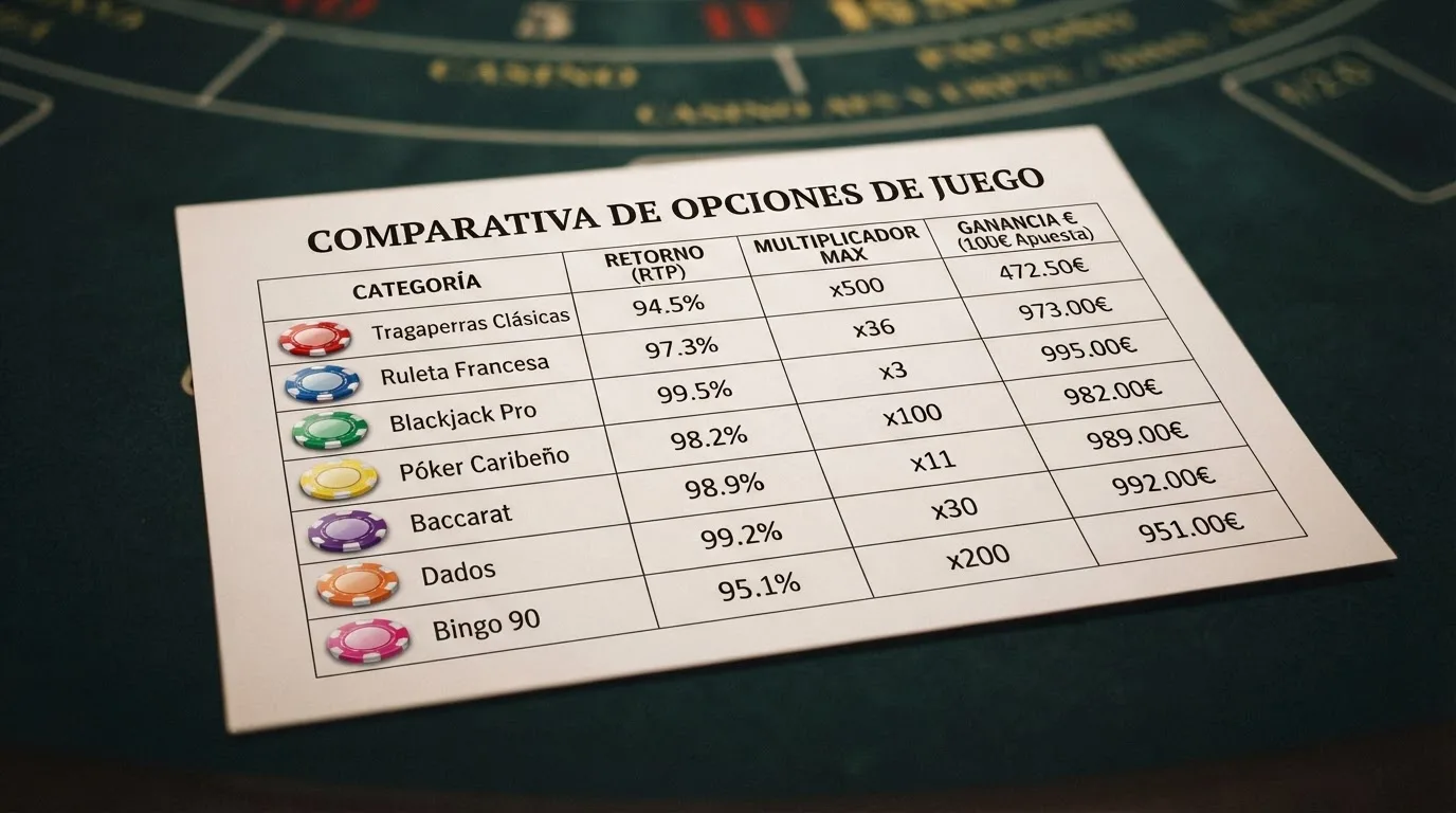 Primer plano de una tabla comparativa con los nombres y condiciones de varios bonos sin depósito de casinos españoles
