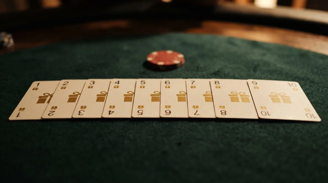 Diez tarjetas de casino con su oferta de cumpleaños resumida, ordenadas sobre una mesa de juego con luz cálida