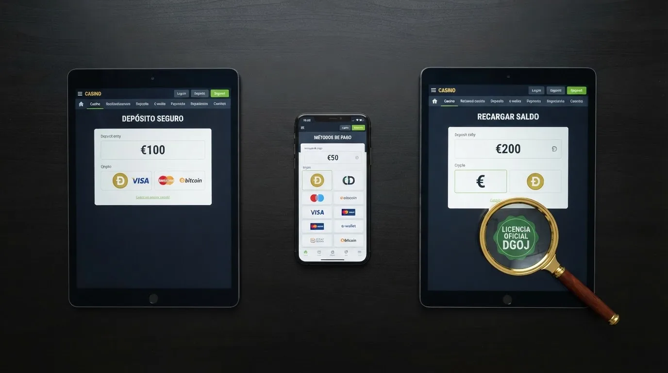 Una vista cenital de varias pantallas mostrando diferentes casinos online abiertos en la misma página de depósito con Dogecoin, con una lupa sobre el sello de licencia de una de ellas