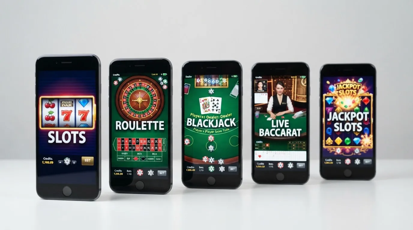 Varios teléfonos móviles alineados mostrando cada uno la pantalla de inicio de una app de casino distinta con licencia DGOJ