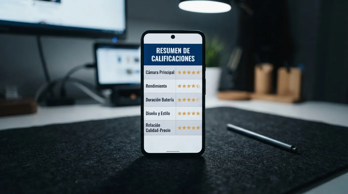 Tabla comparativa de casinos móviles en la pantalla de un teléfono con valoraciones y datos de licencia