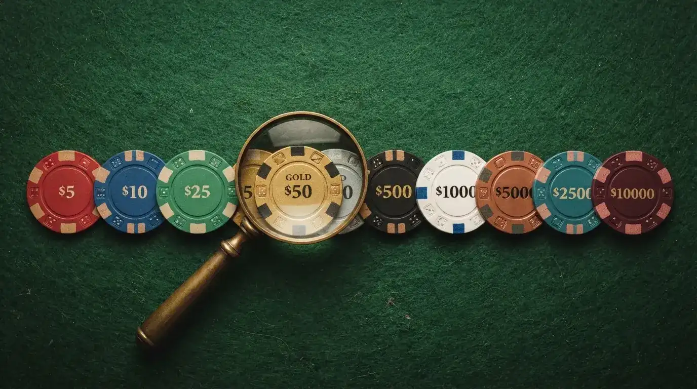 Vista cenital de una mesa con diez fichas de casino alineadas, cada una con el logotipo de un operador distinto, y una lupa sobre una de ellas destacando sus condiciones