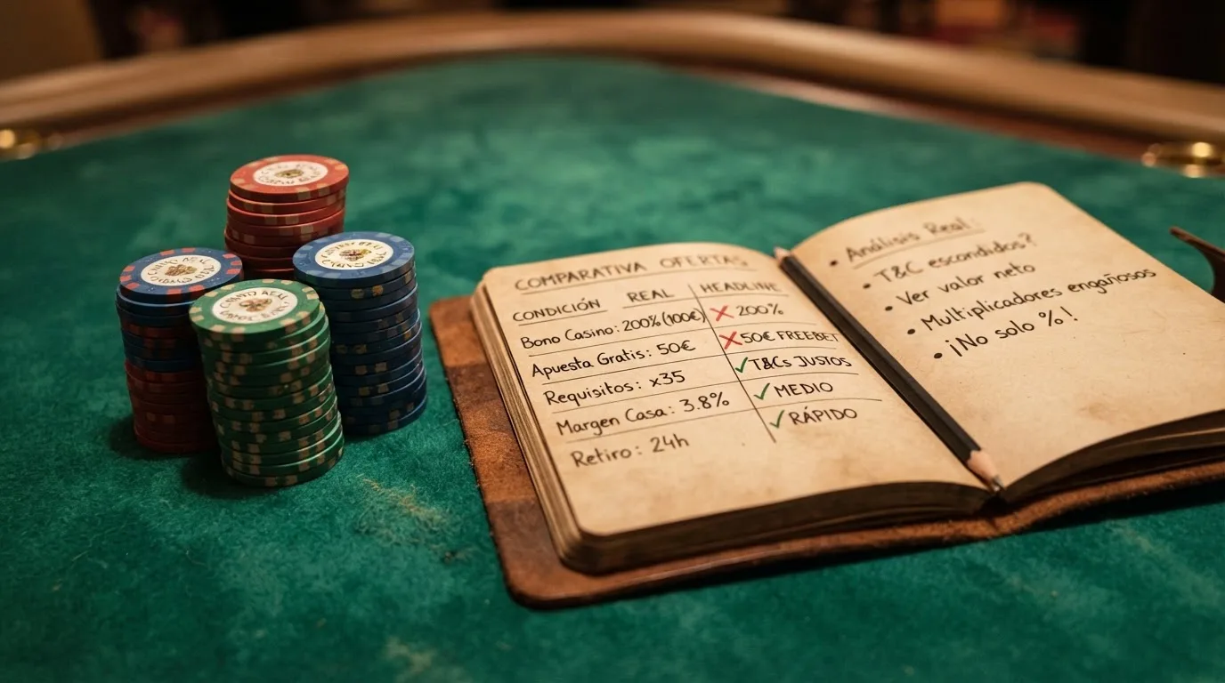 Fichas de casino apiladas junto a una tabla con los nombres y condiciones de varios bonos de bienvenida de operadores españoles