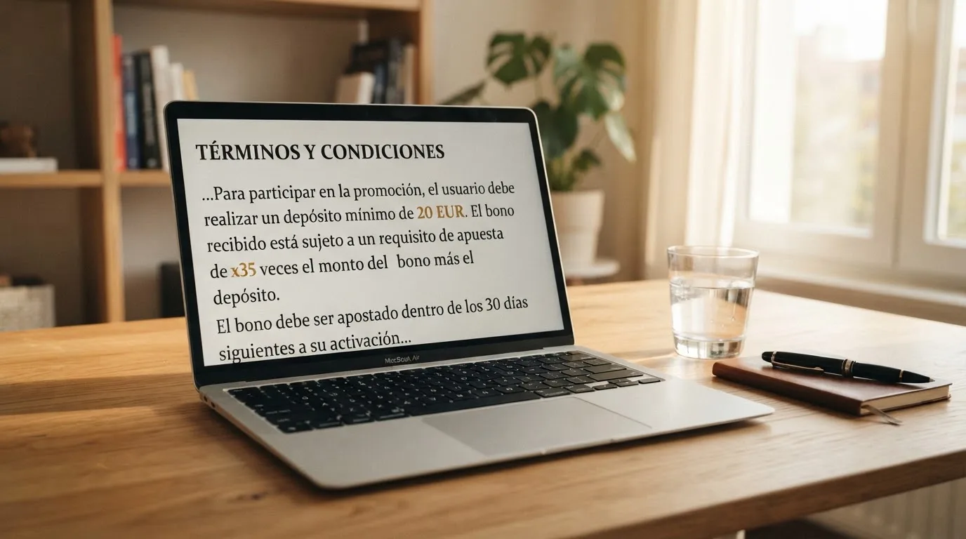 Pantalla de términos y condiciones de un bono de bienvenida en un casino online español, con las cifras de depósito mínimo y requisito de apuesta resaltadas