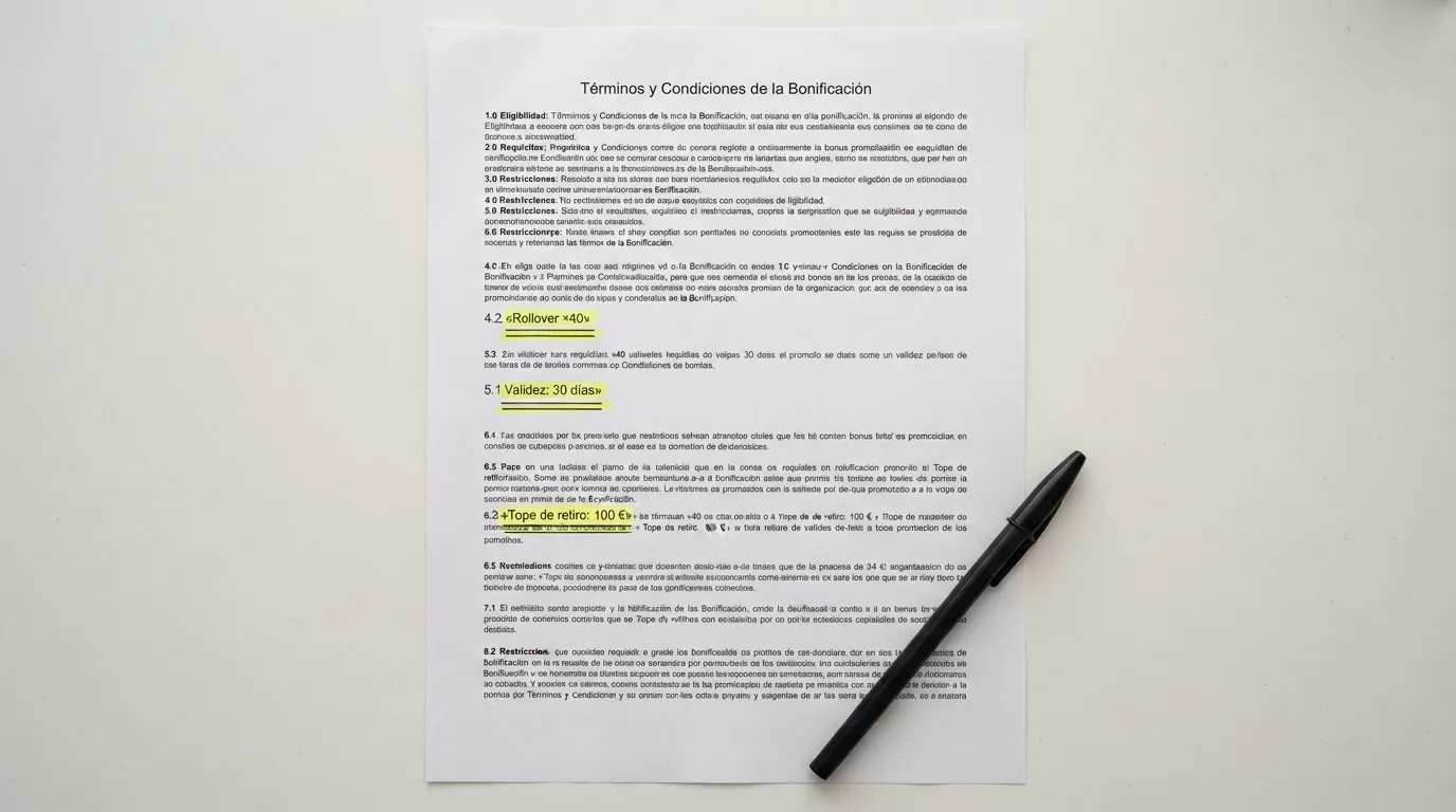 Primer plano de los términos y condiciones de un bono de casino, con las cifras de rollover, validez y tope de retiro subrayadas sobre el documento