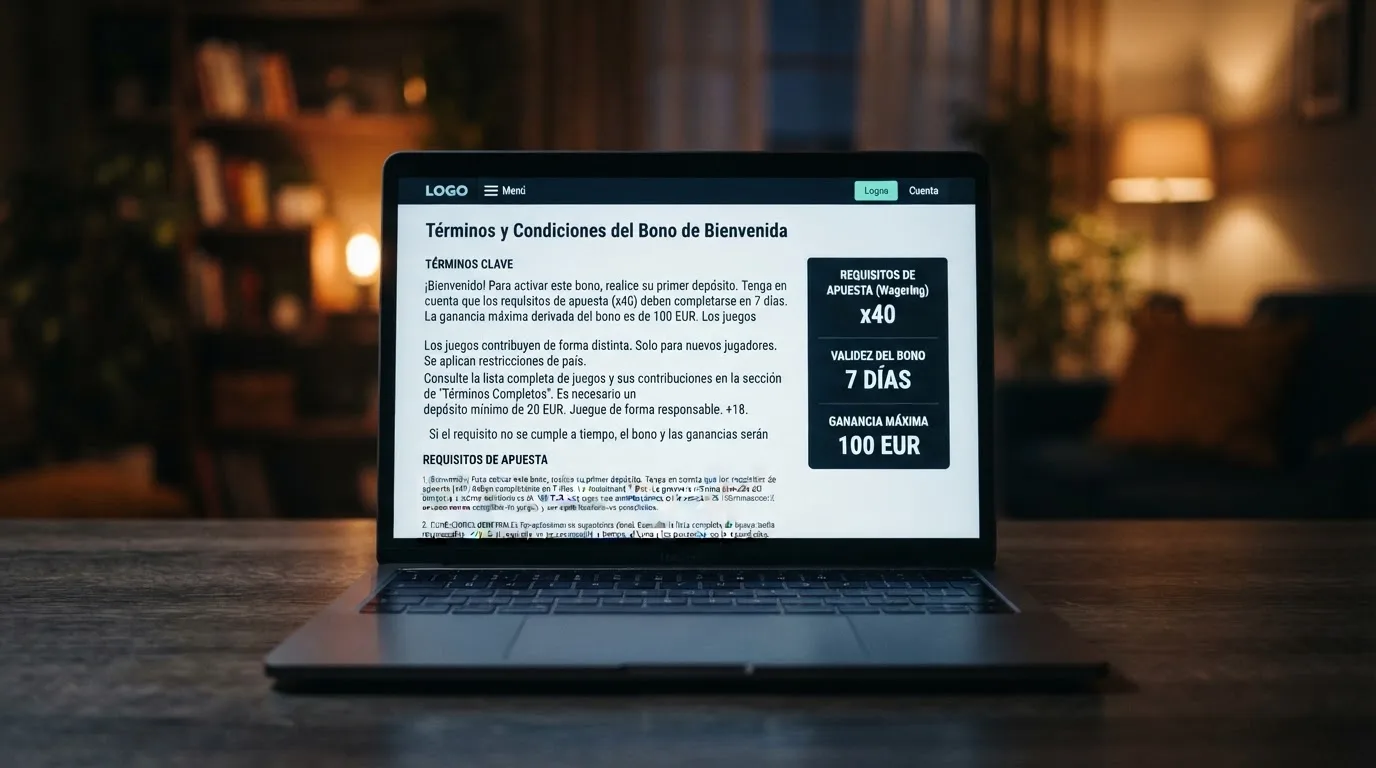 Primer plano de los términos y condiciones de un bono sin depósito en la pantalla de un casino español, con el multiplicador de apuesta, el plazo y el tope de ganancia visibles