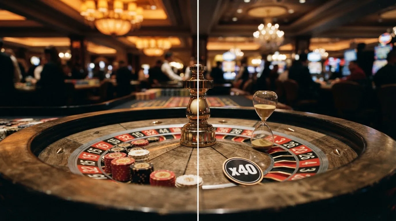 Primer plano de una ruleta partida en dos mitades: en una, fichas con el símbolo de un regalo; en la otra, un cronómetro y una etiqueta de «x40»