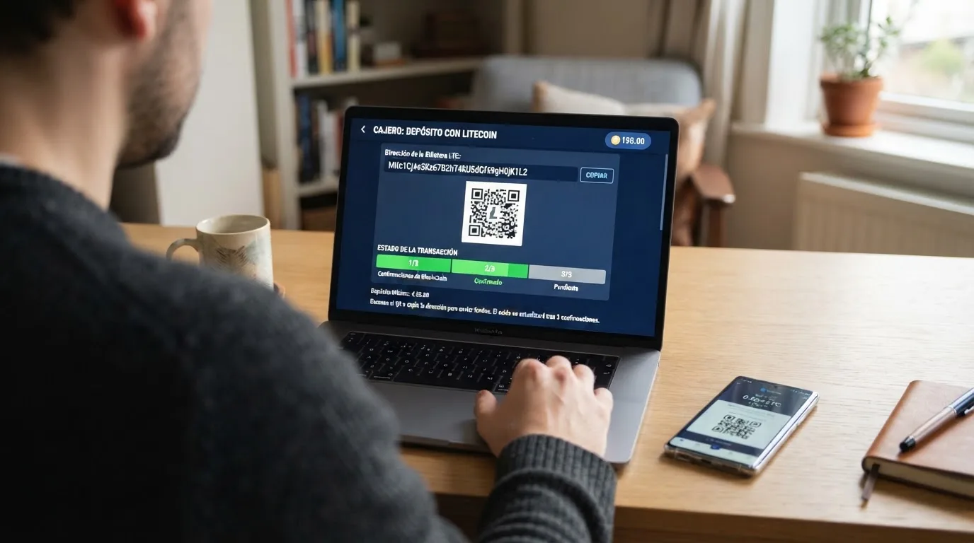 Interfaz de cajero de casino online mostrando una dirección de depósito en LTC junto a un código QR y la pantalla de confirmación en cadena