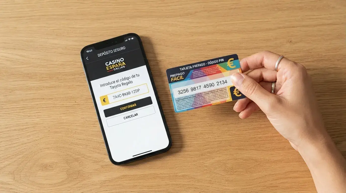 Una mano sujetando un vale Neosurf frente a la pantalla de un móvil que muestra el formulario de depósito de un casino online, con el campo del código PIN destacado.
