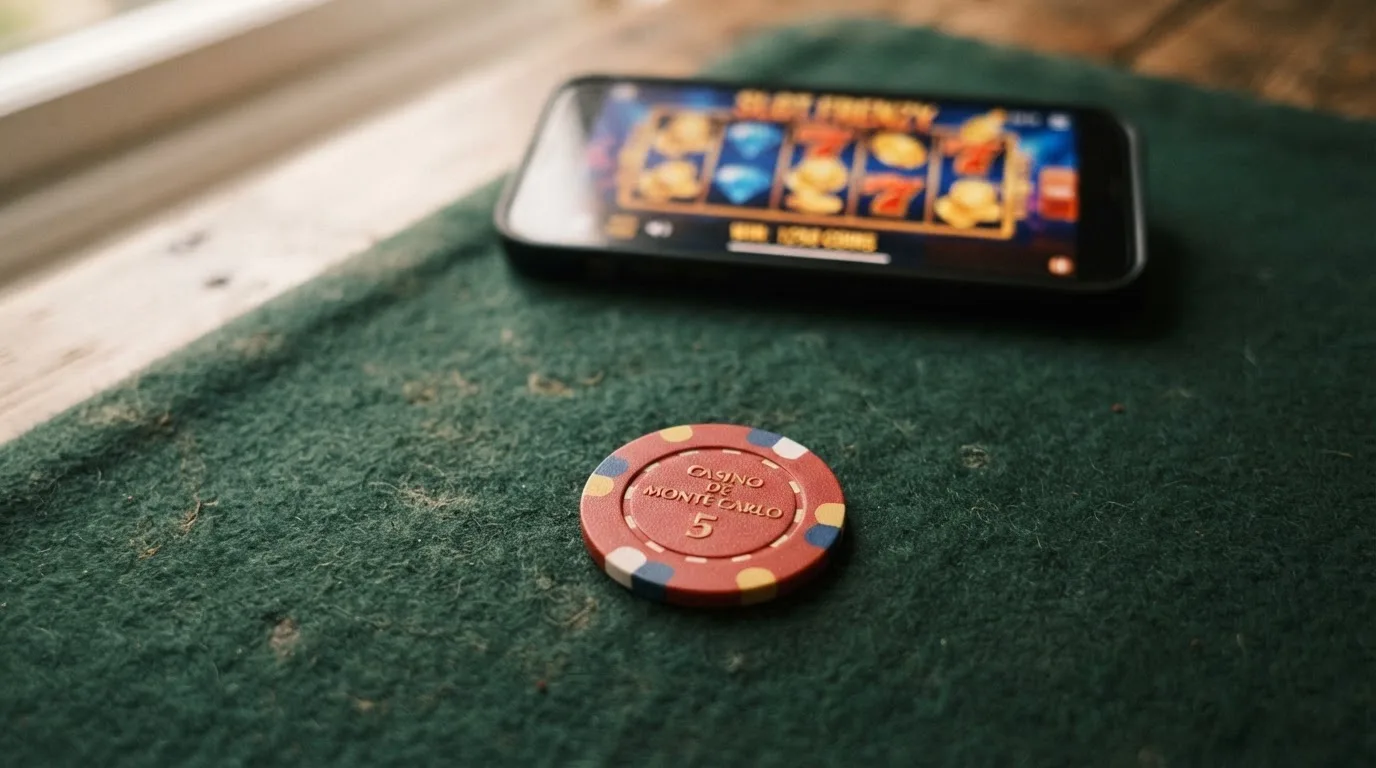Una moneda de 1 euro junto a un bono de bienvenida tachado, sobre el fondo de la pantalla de un casino online