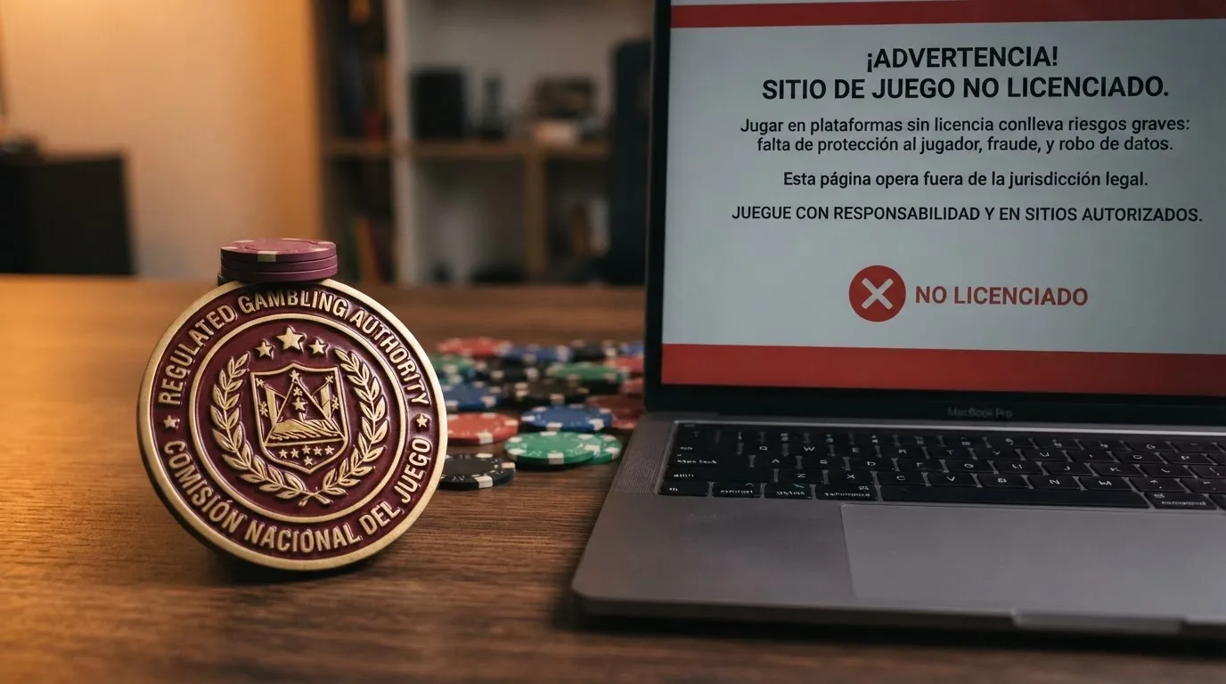 Sello oficial de la DGOJ junto a una pantalla de advertencia sobre casinos sin licencia en España
