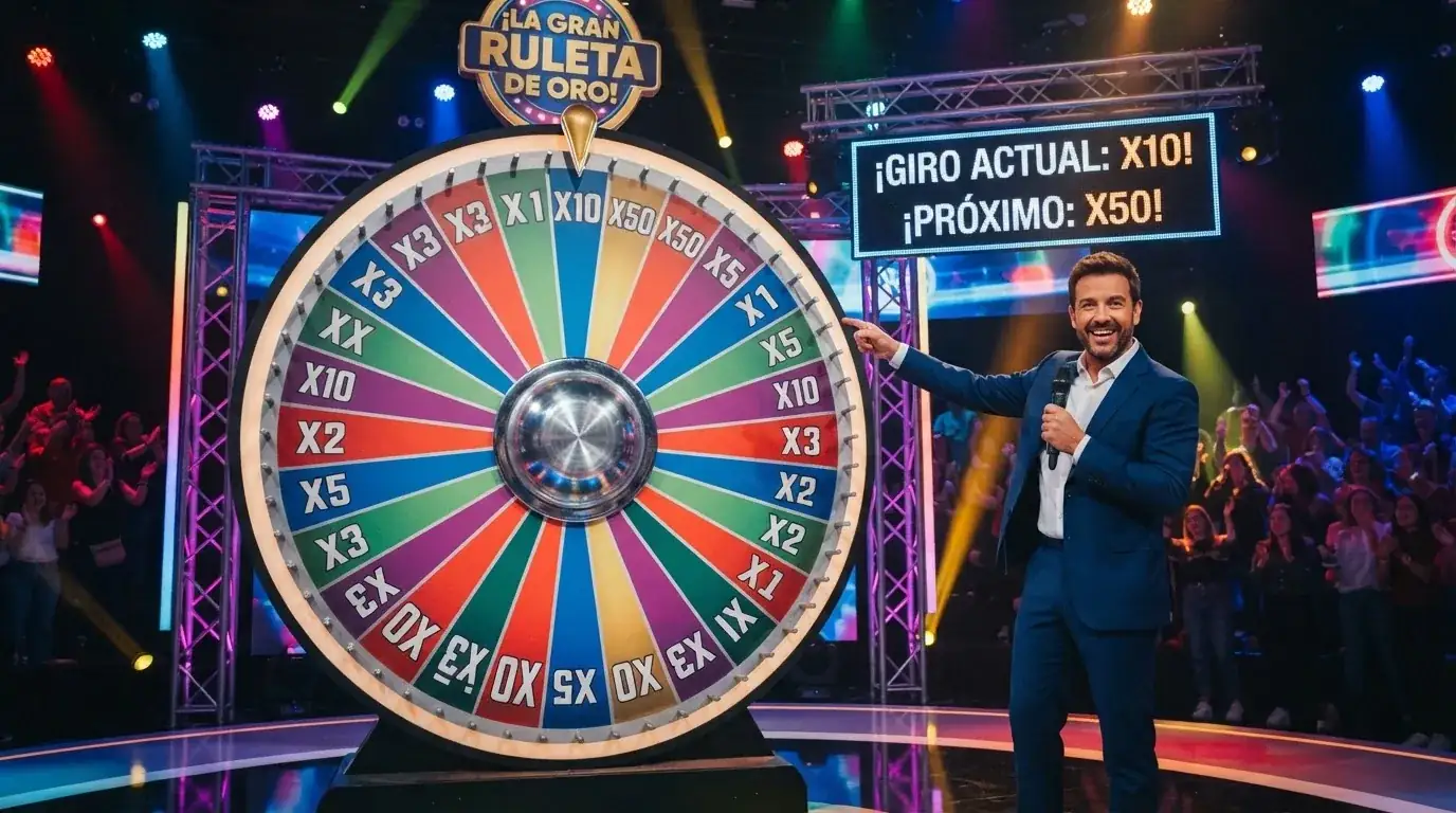 Rueda de Crazy Time con sus 54 segmentos de colores y el presentador señalando el panel de multiplicadores