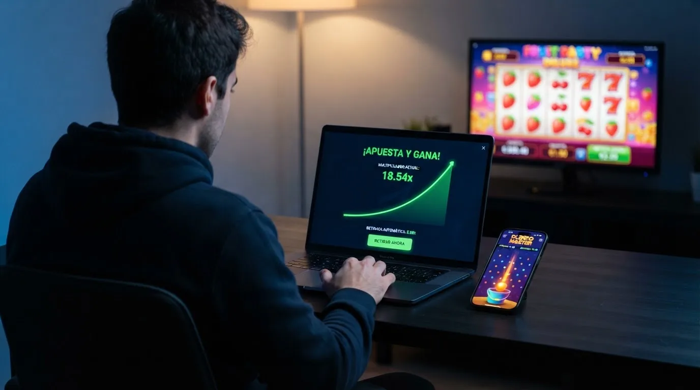 Pantalla de un casino cripto con el juego Crash en pleno vuelo, una cuadrícula de Plinko y una slot de fresas en segundo plano