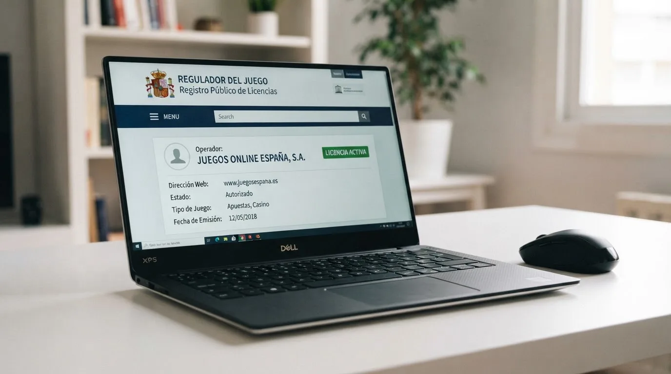 Captura de pantalla del buscador público de operadores autorizados de la DGOJ mostrando la ficha de un operador con licencia en vigor y su dominio .es.