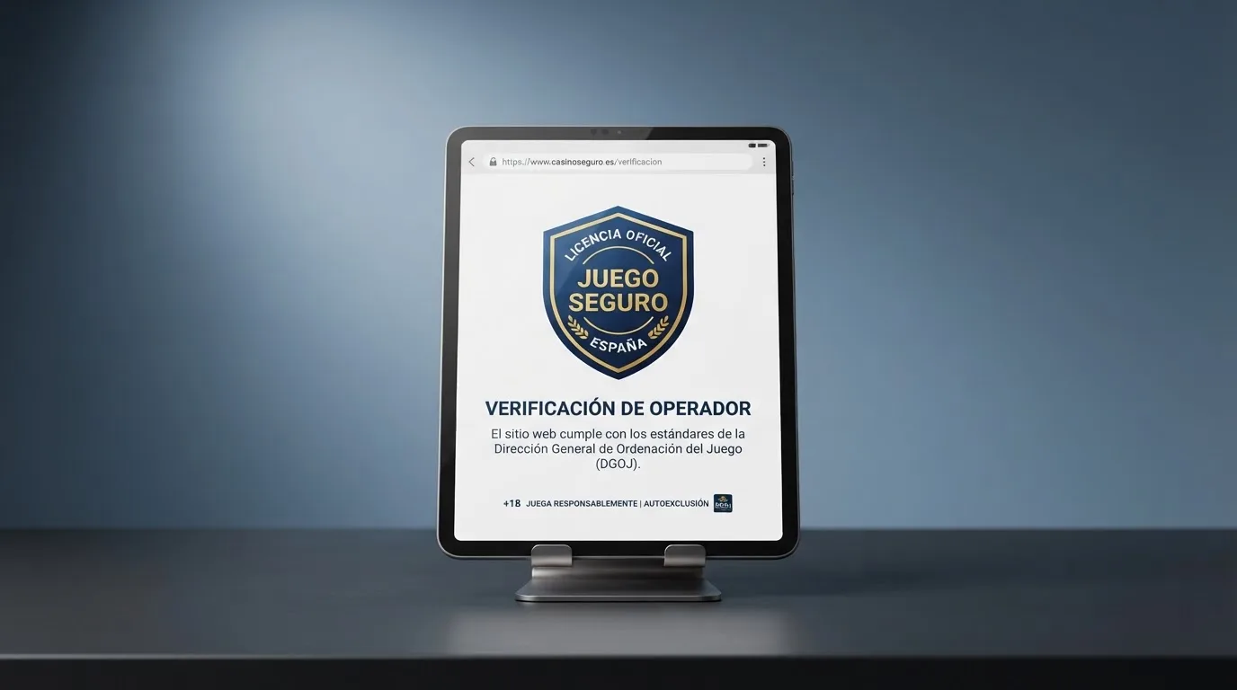 Primer plano de un sello de licencia DGOJ junto al dominio .es en la pantalla de un casino online regulado