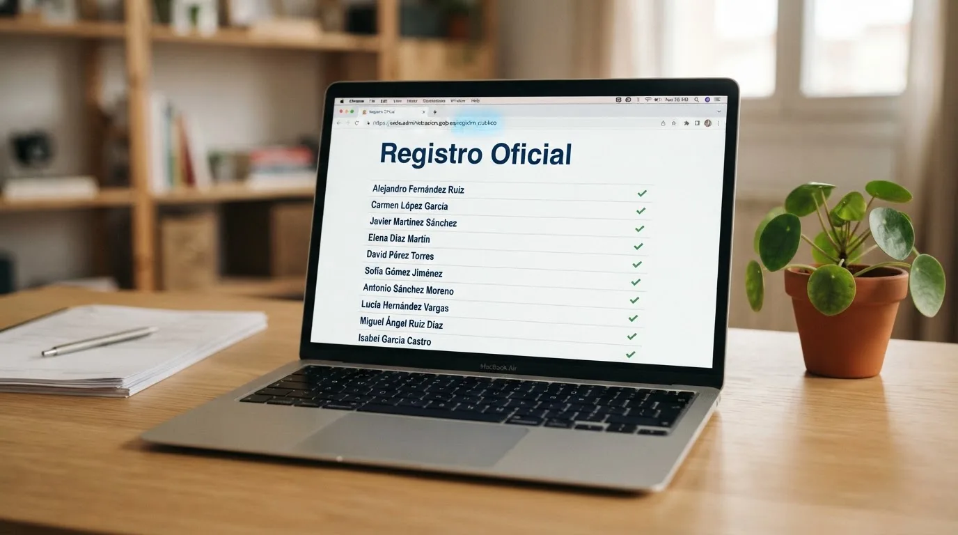 La pantalla de ordenador mostrando el registro oficial de la DGOJ (ordenacionjuego.es) con el listado de operadores autorizados y un dominio .es resaltado en la barra de direcciones