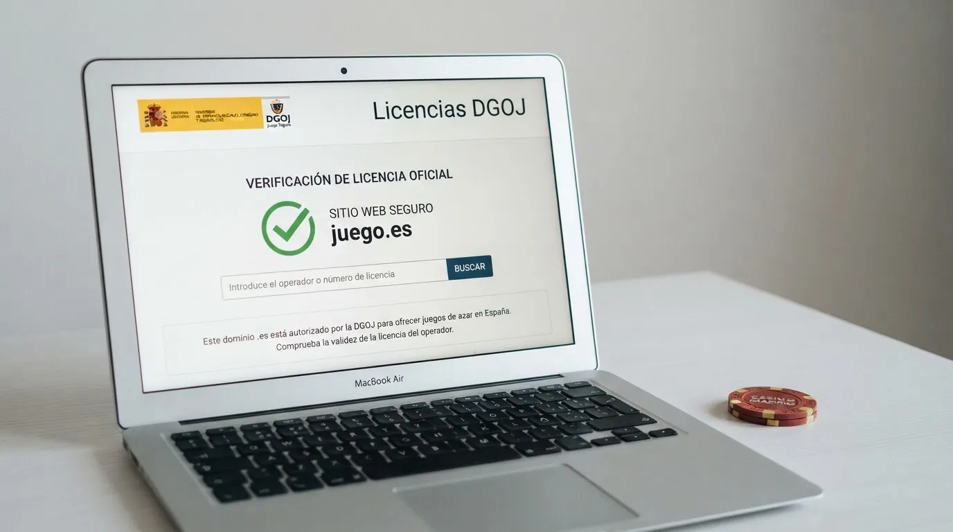 Pantalla de verificación del registro oficial de licencias de la DGOJ en ordenacionjuego.es junto al dominio .es de un operador autorizado