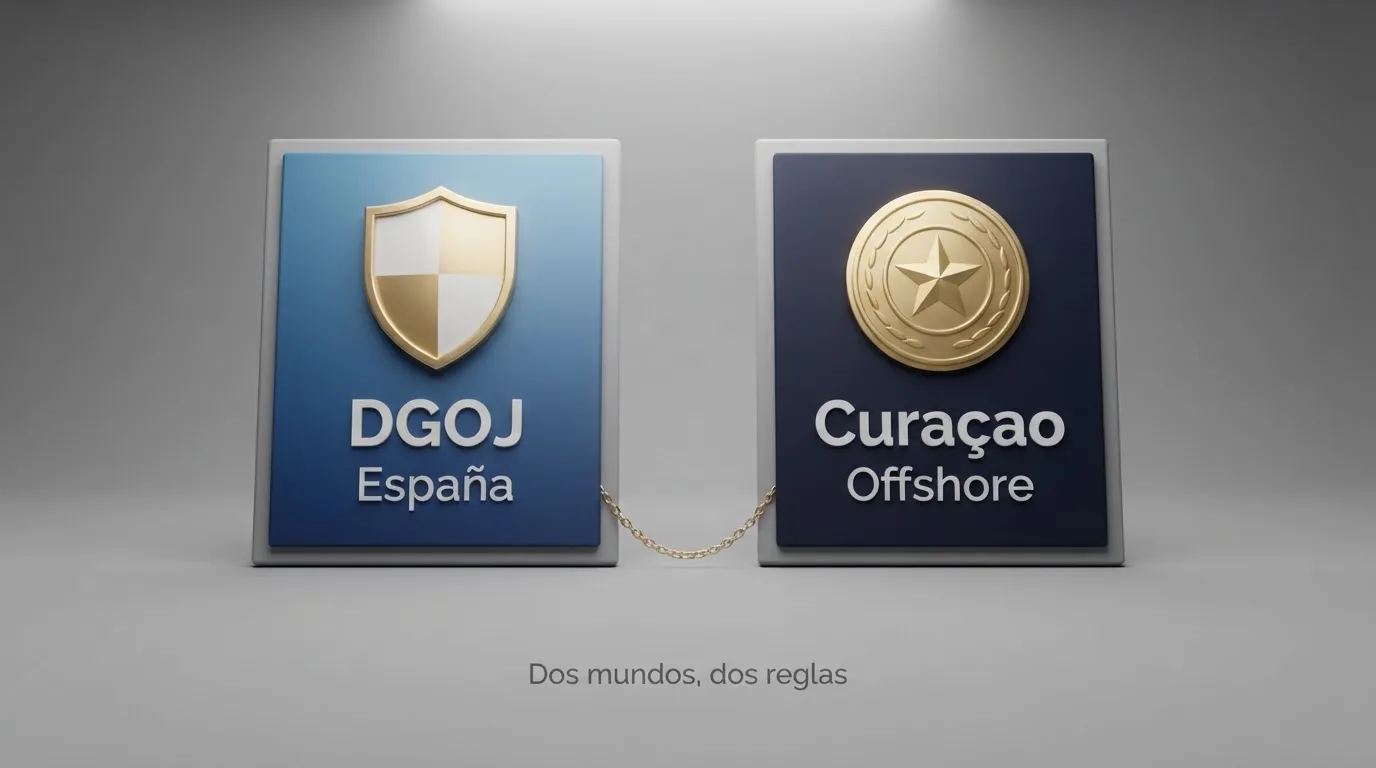 Mapa conceptual con dos columnas contrastadas: a la izquierda el escudo de la DGOJ sobre fondo azul institucional, a la derecha el sello de una licencia de Curaçao sobre fondo oscuro