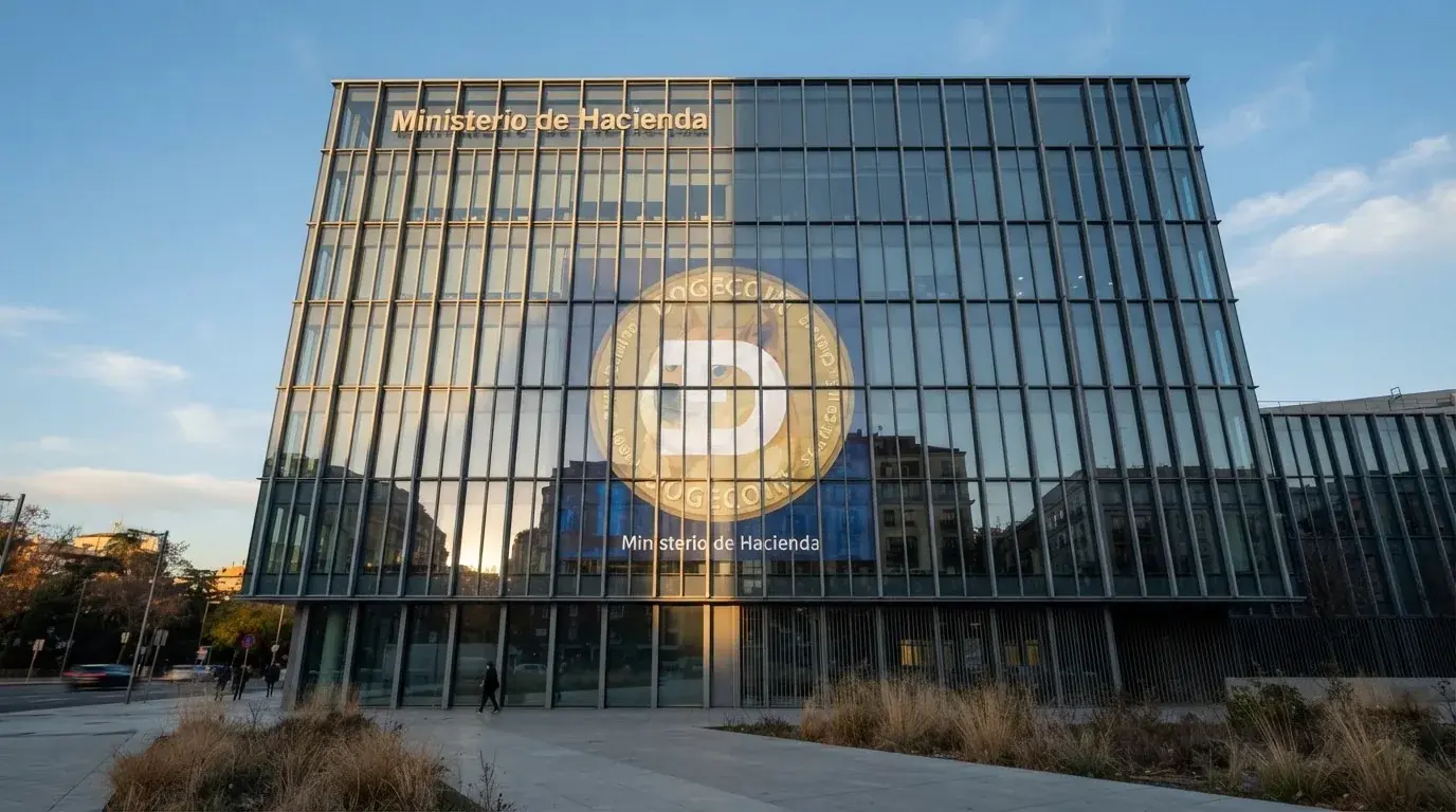 El edificio de la DGOJ en Madrid con el logotipo de Dogecoin reflejado en la fachada de cristal, partido por una línea que separa el lado regulado del lado offshore