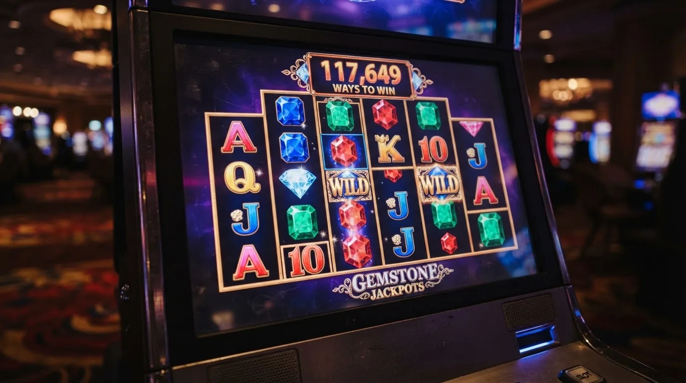 Una tragaperras Big Time Gaming con los carretes mostrando entre 2 y 7 símbolos cada uno, ilustrando el sistema Megaways de 117.649 formas de ganar