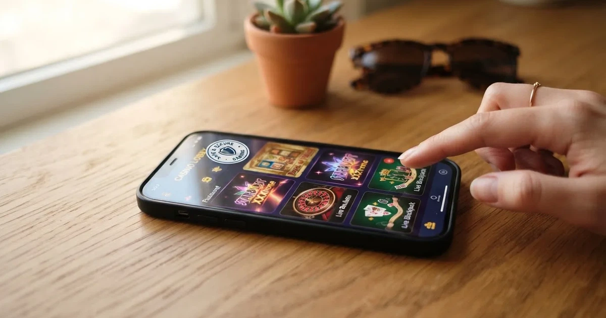 Pantalla de teléfono móvil con la interfaz de un casino online y el sello de juego seguro de la DGOJ
